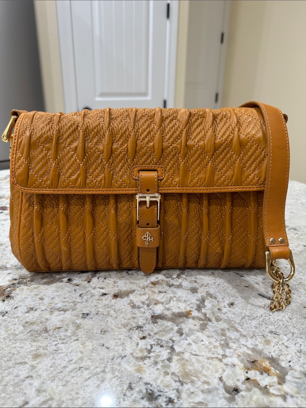 Cole Haan Camel Leather Shoulder Bag with Gold Hardware